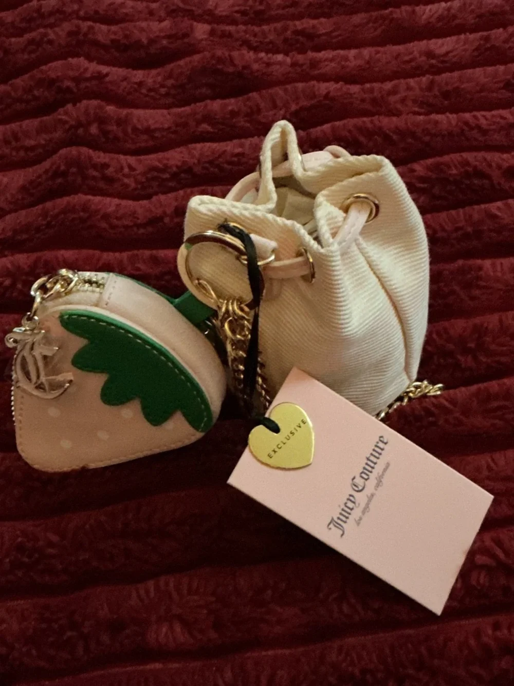 Juicy Couture Cream Drawstring Bucket Bag with Green Strawberry Coin Purse